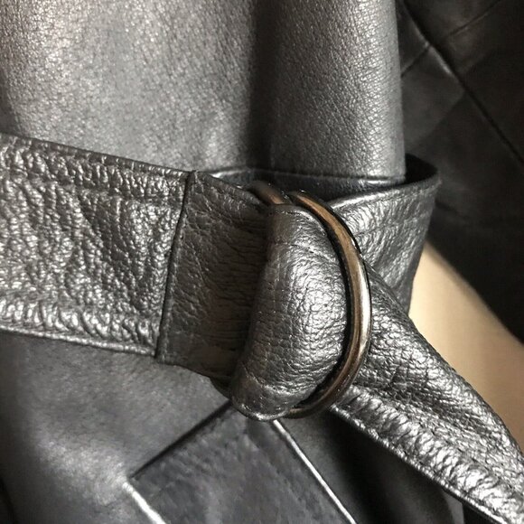 Liz Baker Black Leather Wrap Jacket 3/4 Length Belted Coat Size Petite Large - Picture 6 of 11